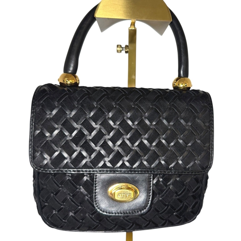 Vintage Bally Black Woven Suede Leather Top Handle Bag Gold Hardware